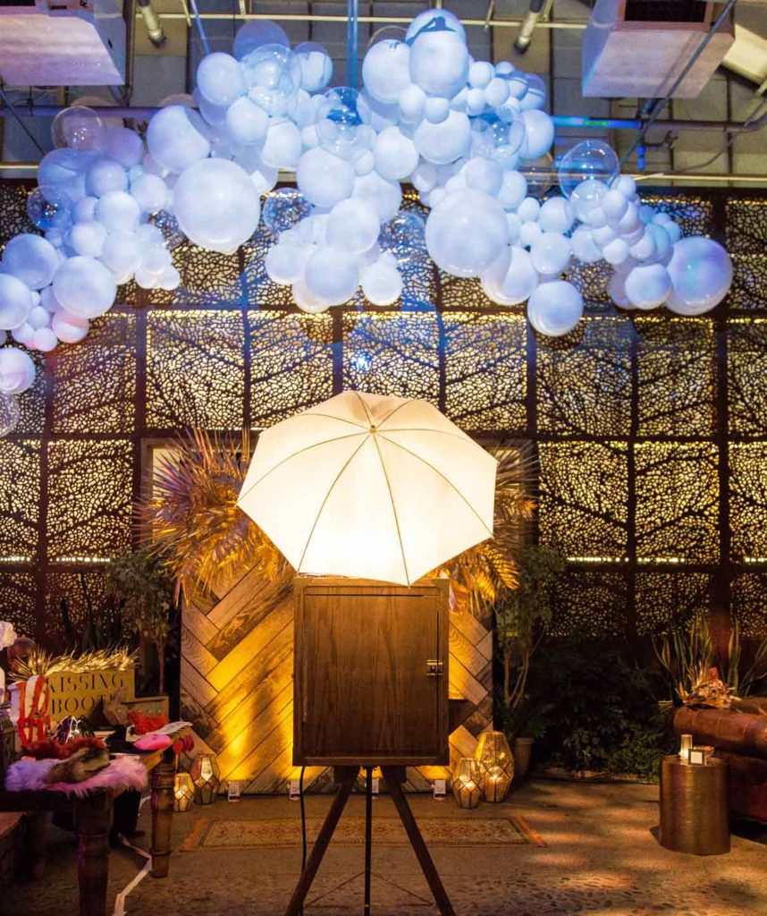 balloon installation and a vintage photo booth at the horticultural center in Philadelphia